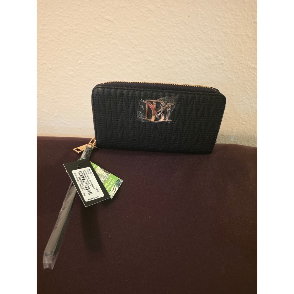 Badgley Mischka Black Quilted Long Wallet with Phone Pocket Wristlet BM-4178